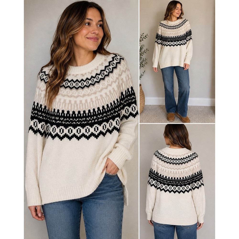 Universal Thread Fair Isle Sweater Women XXL Cream Black Nordic Pullover Cozy